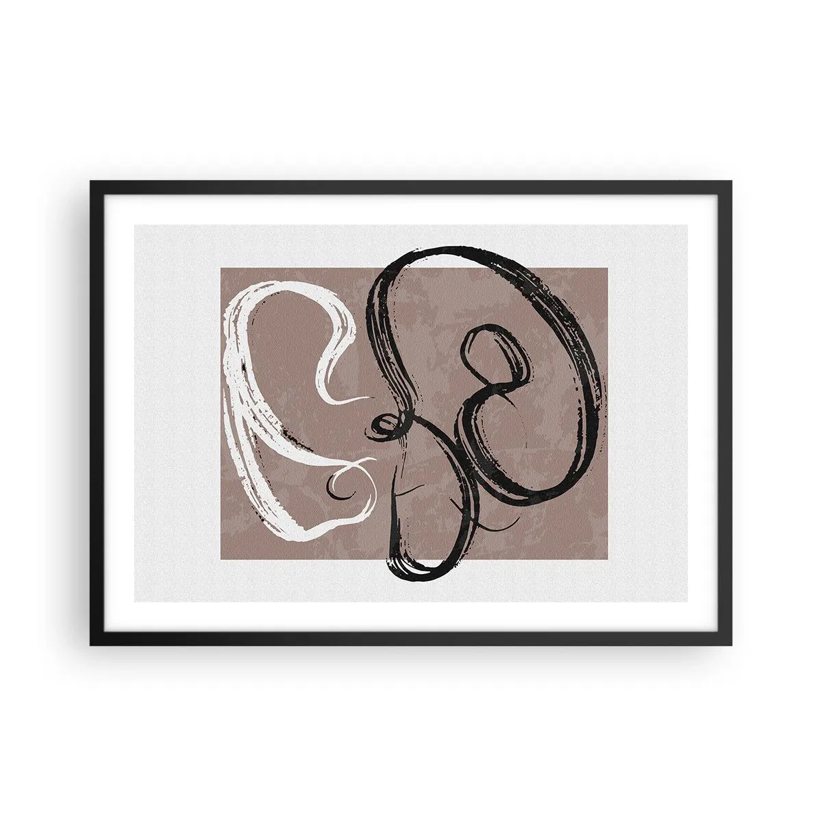 Plakat w czarnej ramie - Czarno-biała abstrakcja na beżowym tle - 70x50cm - Kompozycja – poszukiwanie pełni - Nowoczesna dekoracja ścienna do salonu i sypialni ARTTOR