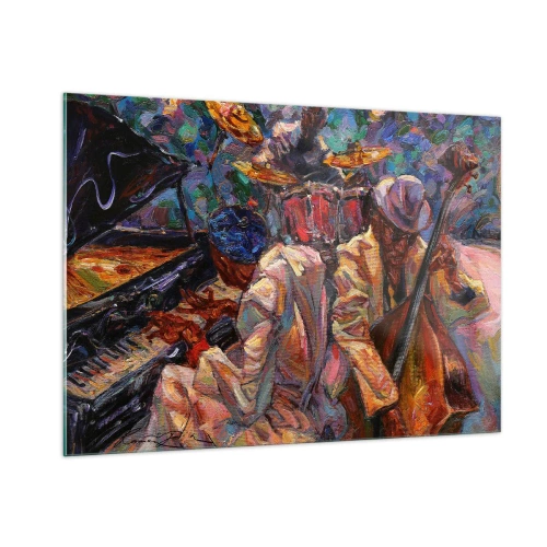 Obraz na szkle - Kolorowa scena jazzowa z muzykami i instrumentami - 100x70cm - W jednym rytmie - Nowoczesna dekoracja ścienna do salonu, kuchni i sypialni ARTTOR