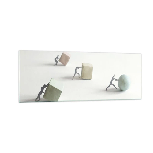 Obraz na szkle - Miniaturowe postacie pchające kształty na jasnym tle - 140x50cm - Samo życie - Nowoczesna dekoracja ścienna do salonu i sypialni ARTTOR