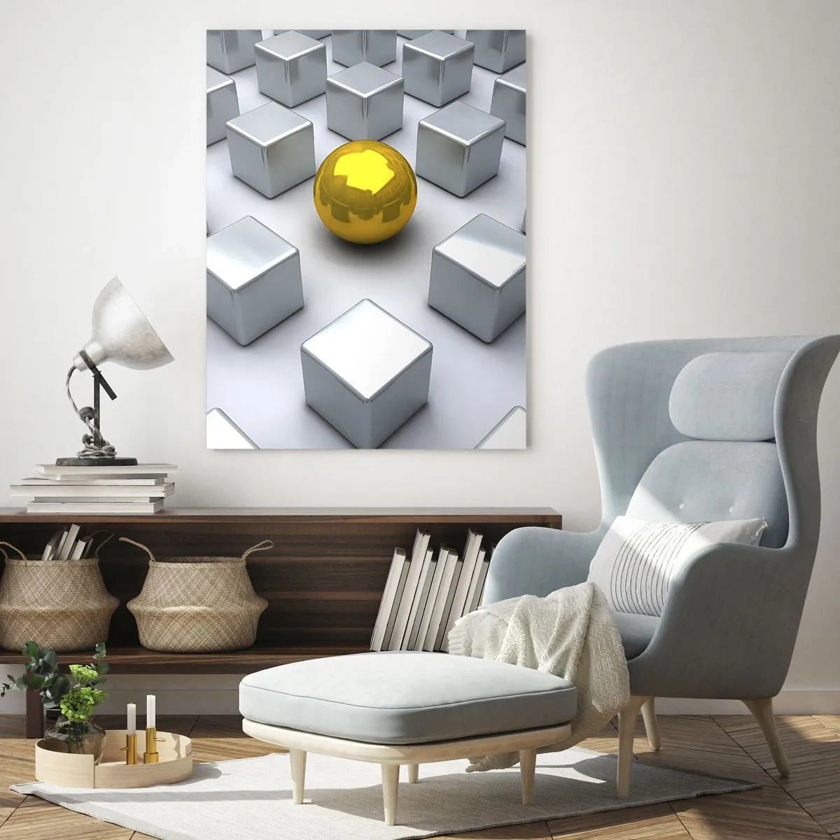 Obraz na szkle - Złota kula otoczona srebrnymi sześcianami - 50x70cm - Dlaczego ja? Kompozycja geometryczna - Nowoczesna dekoracja ścienna do salonu, kuchni i sypialni ARTTOR