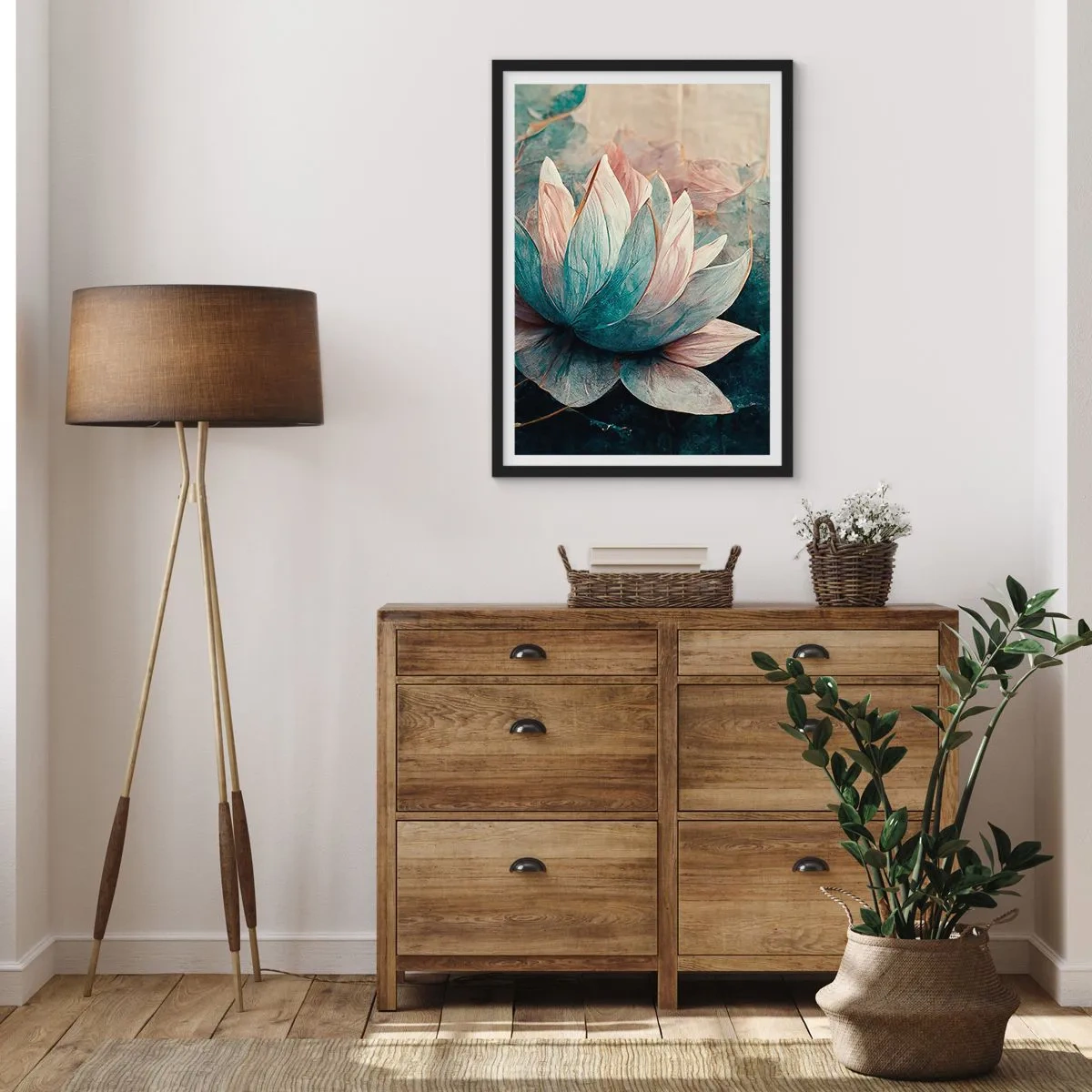Plakat w czarnej ramie - Delikatny kwiat lotosu w mistycznej aurze - 50x70cm - Gwiazdy jeziora - Nowoczesna dekoracja ścienna do salonu i sypialni ARTTOR