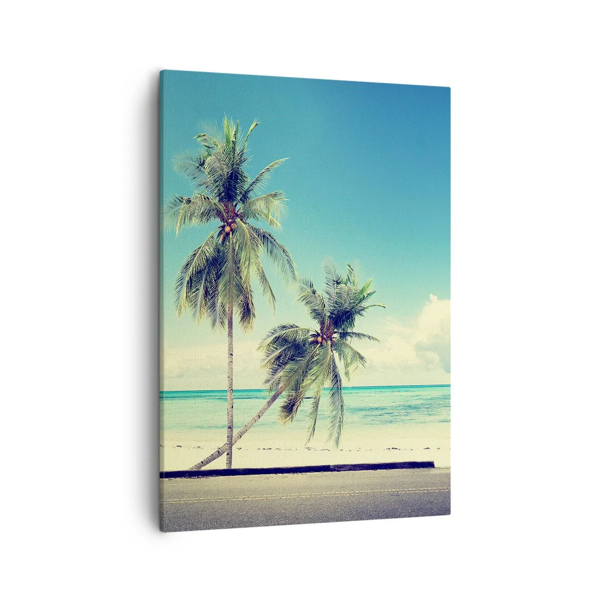 Obraz na płótnie - Tropikalne palmy przy plaży z lazurowym morzem - 50x70cm - Wakacje czas zacząć - Nowoczesna dekoracja ścienna do salonu, kuchni i sypialni ARTTOR