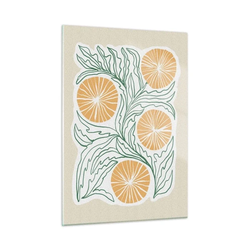 Obraz na szkle - Pomarańczowe owoce i zielone liście w graficznej kompozycji - 50x70cm - Etnicznie z nutą abstrakcji - Nowoczesna dekoracja ścienna do salonu, kuchni i sypialni ARTTOR