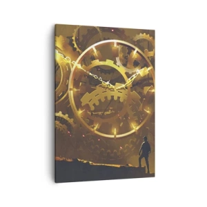 Obraz na płótnie - Abstrakcyjna kompozycja z zegarami i mechanicznymi trybikami, z sylwetką człowieka - 50x70cm - U źródeł czasu - Nowoczesna dekoracja ścienna do salonu, kuchni i sypialni ARTTOR