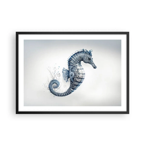Plakat w czarnej ramie - Konik morski w odcieniach niebieskiego z detalami akwareli - 70x50cm - Subtelny żart natury - Nowoczesna dekoracja ścienna do salonu i sypialni ARTTOR