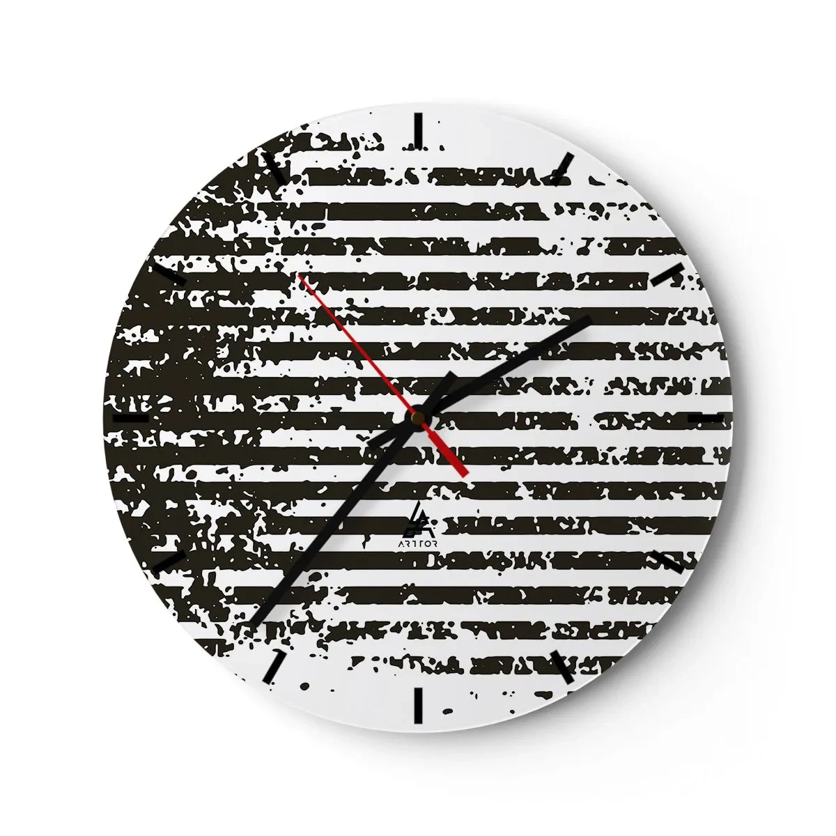Zegar ścienny - Czarno-białe poziome pasy o nieregularnej fakturze - 30x30cm - Rytm i szum - Nowoczesna dekoracja ścienna do salonu, kuchni i sypialni ARTTOR