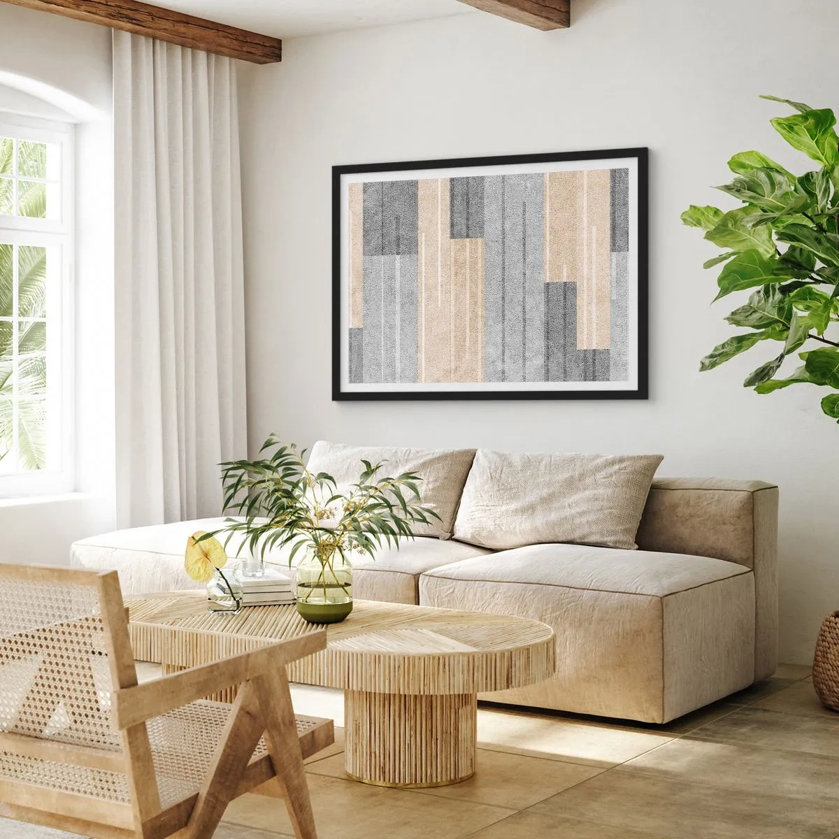 Plakat w czarnej ramie - Geometryczna kompozycja w odcieniach szarości i beżu - 70x50cm - Kompozycja: trzymać pion - Nowoczesna dekoracja ścienna do salonu i sypialni ARTTOR