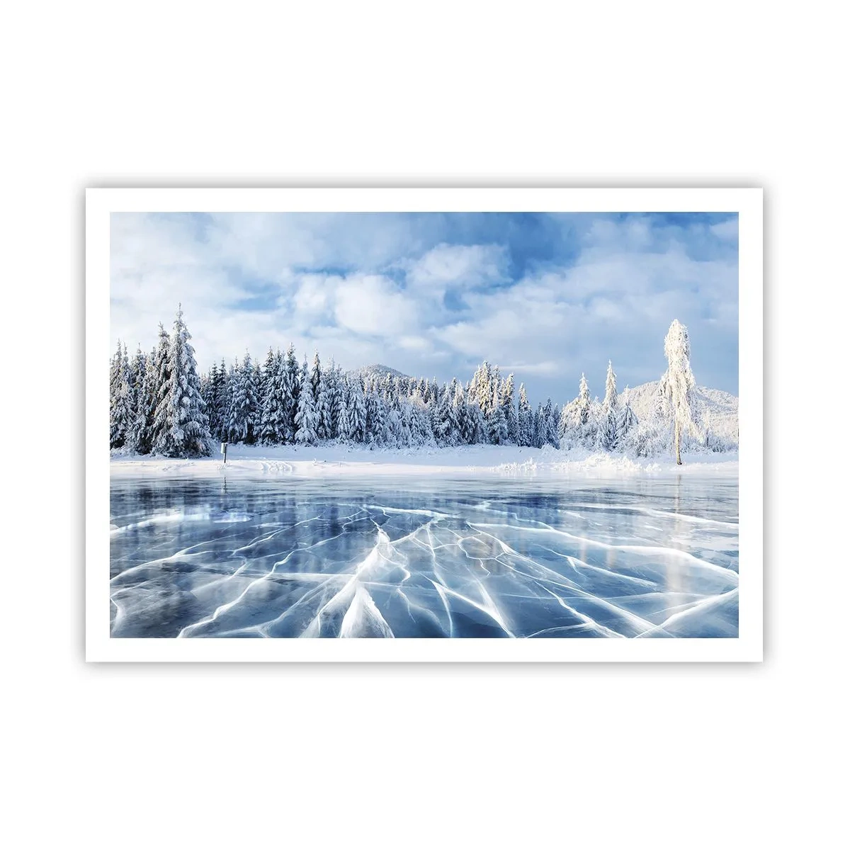 Plakat - Zamarznięte jezioro otoczone zaśnieżonym lasem - 100x70cm - Olśniewający i krystaliczny widok - Nowoczesna dekoracja ścienna do salonu i sypialni ARTTOR