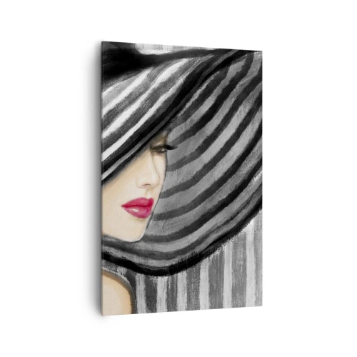 Obraz na płótnie - Kobieta w kapeluszu w czarno-białym stylu z czerwonym akcentem - 80x120cm - Gdzie ciebie szukać? - Nowoczesna dekoracja ścienna do salonu i sypialni ARTTOR