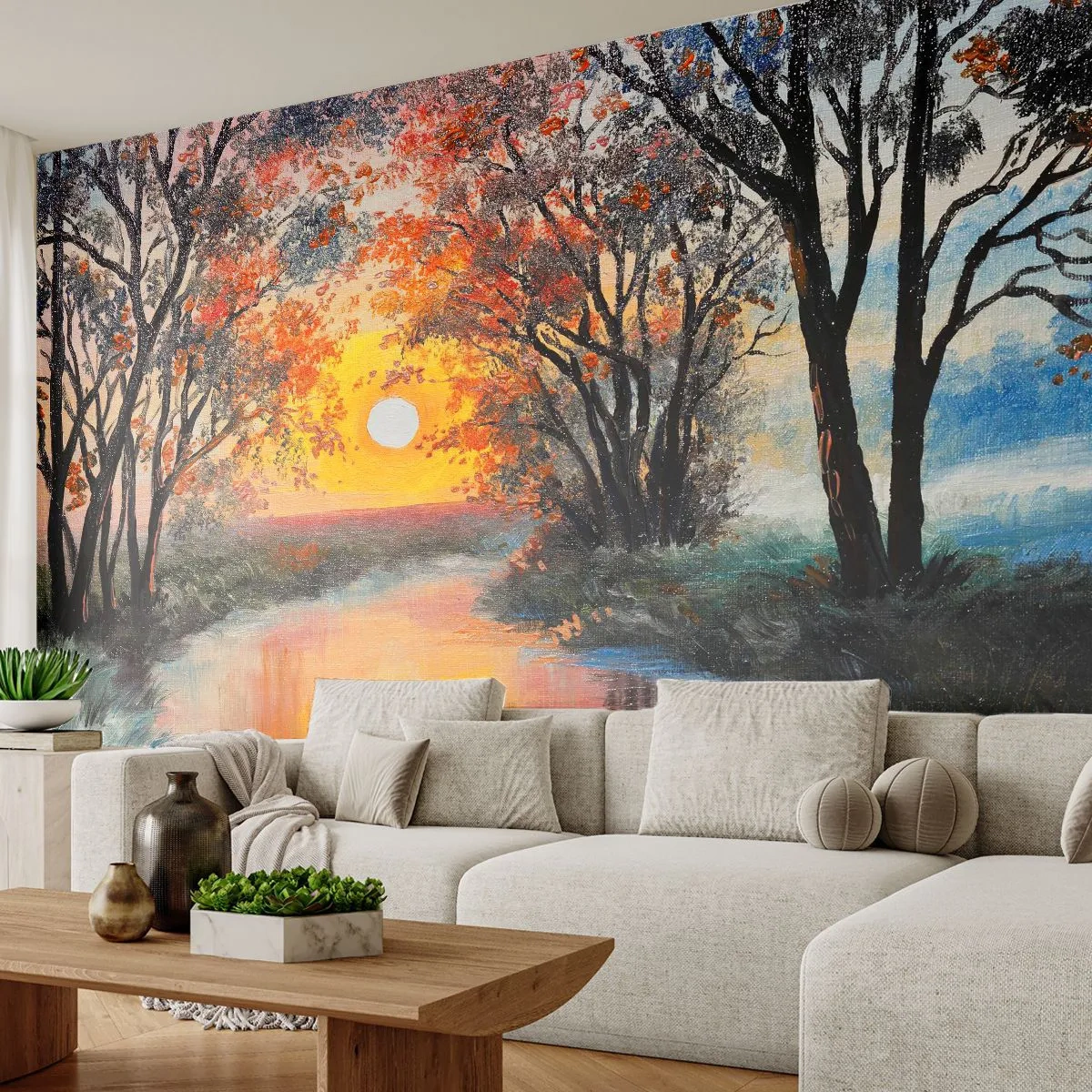 Fototapeta Premium Sand - Malarska impresja zachodu słońca nad rzeką wśród drzew - 100x70cm - Jesienne klimaty - Nowoczesna dekoracja ścienna do salonu, kuchni i sypialni ARTTOR