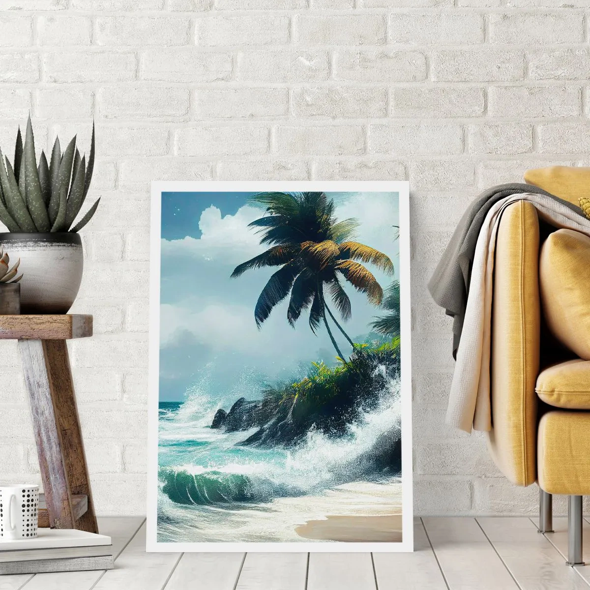 Plakat - Tropikalna plaża z palmami i wzburzonym oceanem - 50x70cm - Na tropikalnym brzegu - Nowoczesna dekoracja ścienna do salonu, kuchni i sypialni ARTTOR