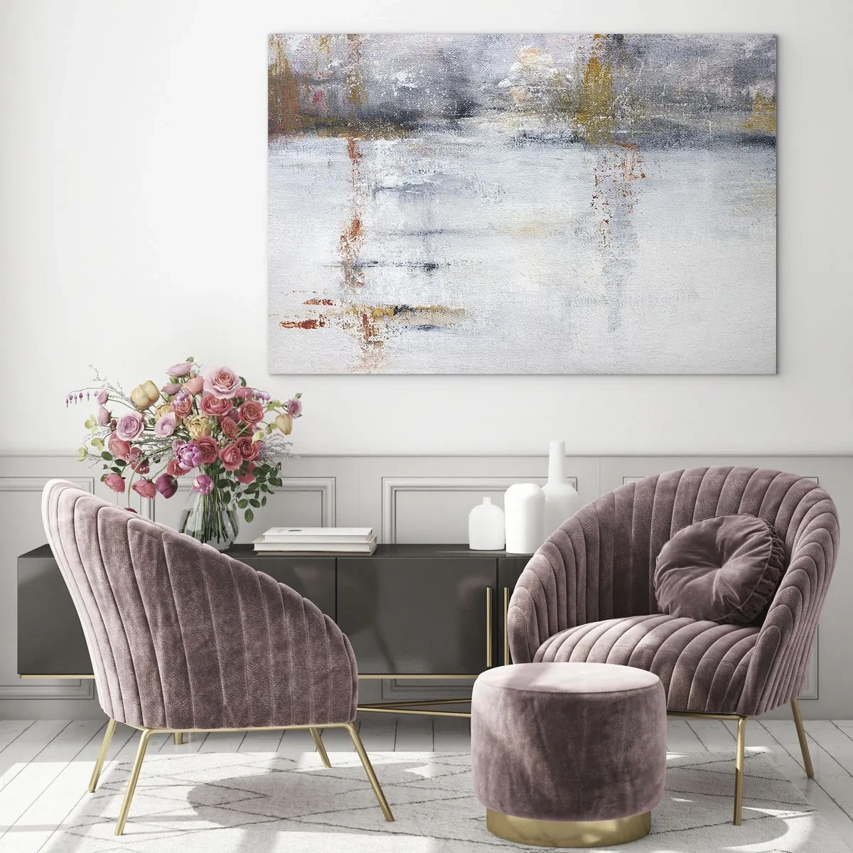 Obraz na szkle - Abstrakcyjny obraz przedstawiający subtelne połączenie szarości, bieli i złota - 100x70cm - Za powietrza zasłoną - Nowoczesna dekoracja ścienna do salonu, kuchni i sypialni ARTTOR