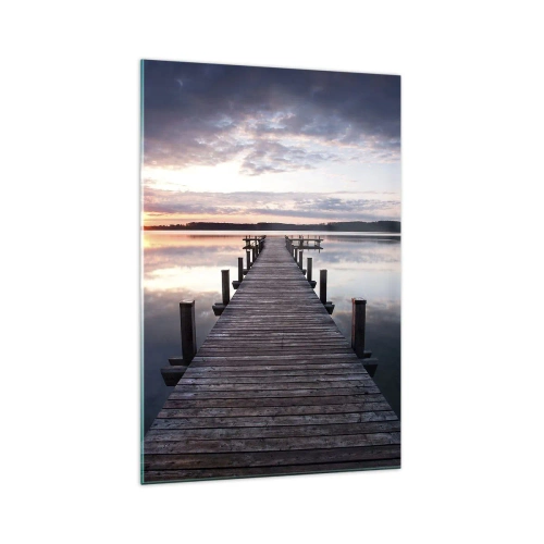 Obraz na szkle - Pomost na jeziorze o zachodzie słońca w spokojnym krajobrazie - 70x100cm - Cicha granica dnia i nocy - Nowoczesna dekoracja ścienna do salonu i sypialni ARTTOR