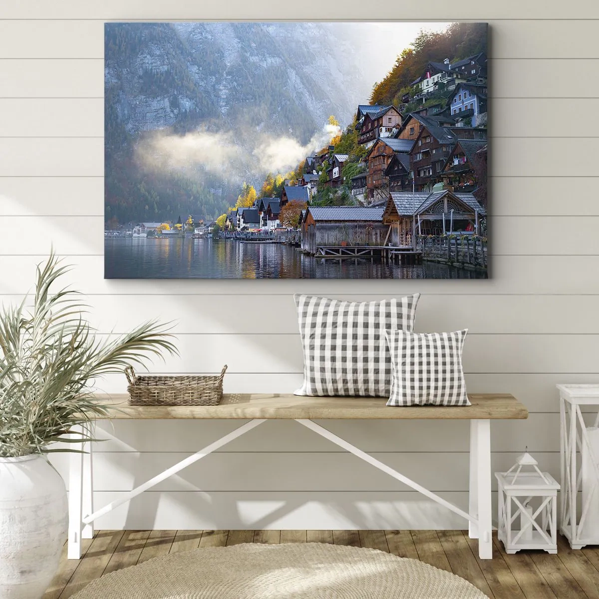 Obraz na płótnie - Górska wioska nad jeziorem w jesiennej scenerii - 70x50cm - Alpejskie klimaty - Nowoczesna dekoracja ścienna do salonu i sypialni ARTTOR