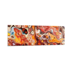 Obraz na szkle - Abstrakcyjna kompozycja w ciepłych odcieniach czerwieni, pomarańczu i żółci - 160x50cm - Gdyby orzechy rozpływały się w miodzie - Nowoczesna dekoracja ścienna do salonu i sypialni ARTTOR