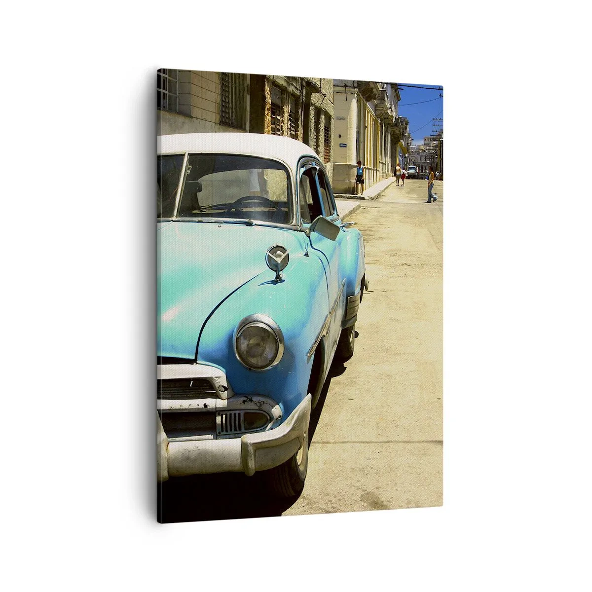 Obraz na płótnie - Niebieski klasyczny samochód na ulicy w kubańskim stylu - 50x70cm - Evviva Cuba! - Nowoczesna dekoracja ścienna do salonu, kuchni i sypialni ARTTOR