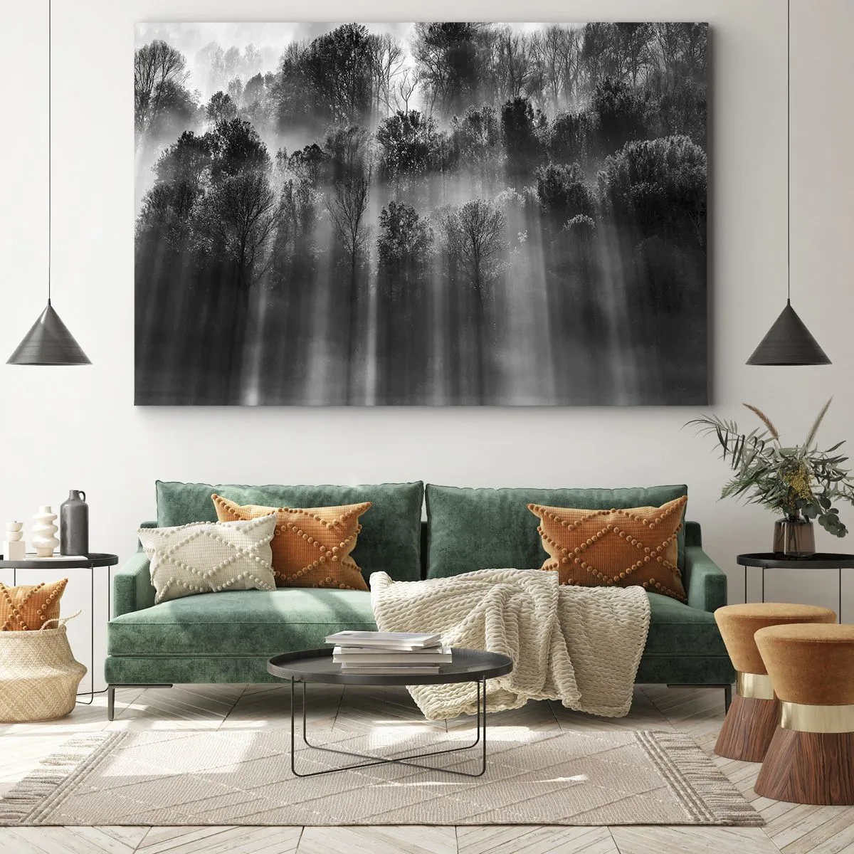 Obraz na płótnie - Czarno-biały las w promieniach porannego światła - 70x50cm - W strumieniach światła - Nowoczesna dekoracja ścienna do salonu i sypialni ARTTOR