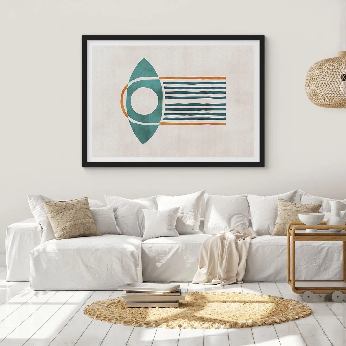 Plakat w czarnej ramie - Geometryczny wzór w odcieniach zieleni i pomarańczu - 70x50cm - Znaki i rytuały - Nowoczesna dekoracja ścienna do salonu i sypialni ARTTOR