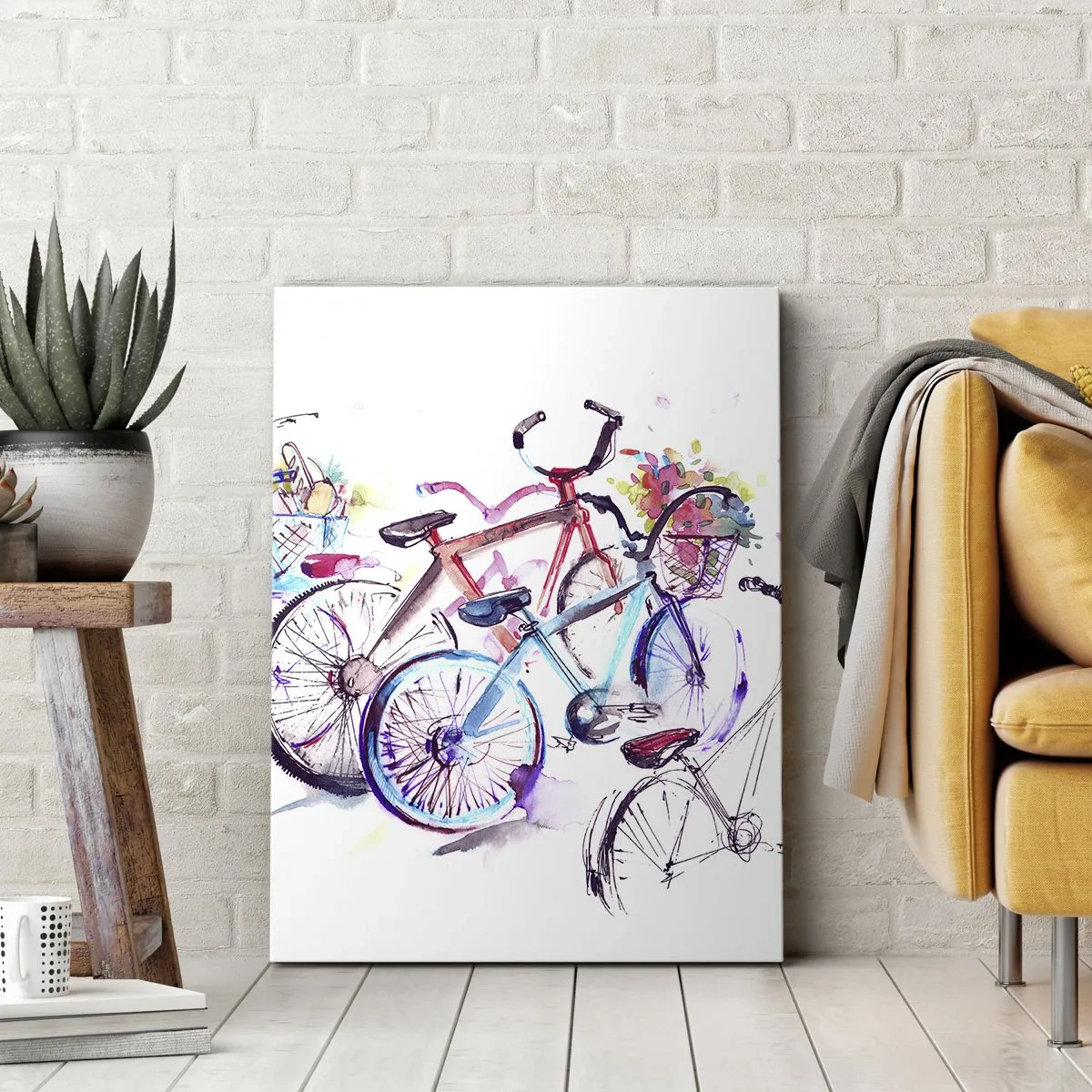 Obraz na płótnie - Kolorowa akwarela przedstawiająca rowery z koszykami pełnymi kwiatów - 50x70cm - Zjazd klubu Antymoto - Nowoczesna dekoracja ścienna do salonu, kuchni i sypialni ARTTOR