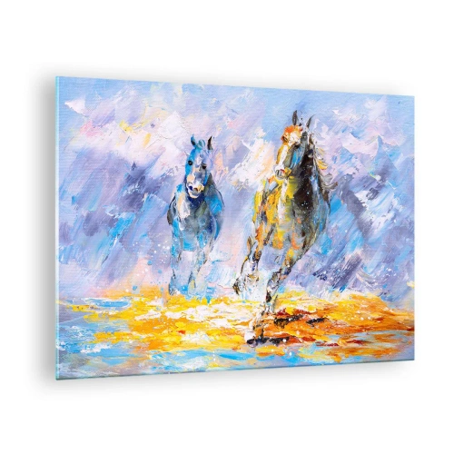 Obraz na szkle - Dwa konie galopujące po wodzie w artystycznym stylu - 70x50cm - Galopem przez blask - Nowoczesna dekoracja ścienna do salonu i sypialni ARTTOR
