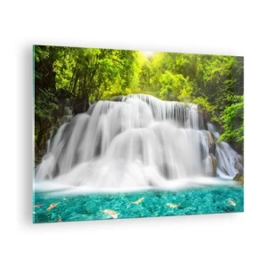 Obraz na szkle - Wodospad w otoczeniu zieleni z krystalicznie czystą wodą - 70x50cm - Pienistą kaskadą od zieleni do lazuru - Nowoczesna dekoracja ścienna do salonu i sypialni ARTTOR