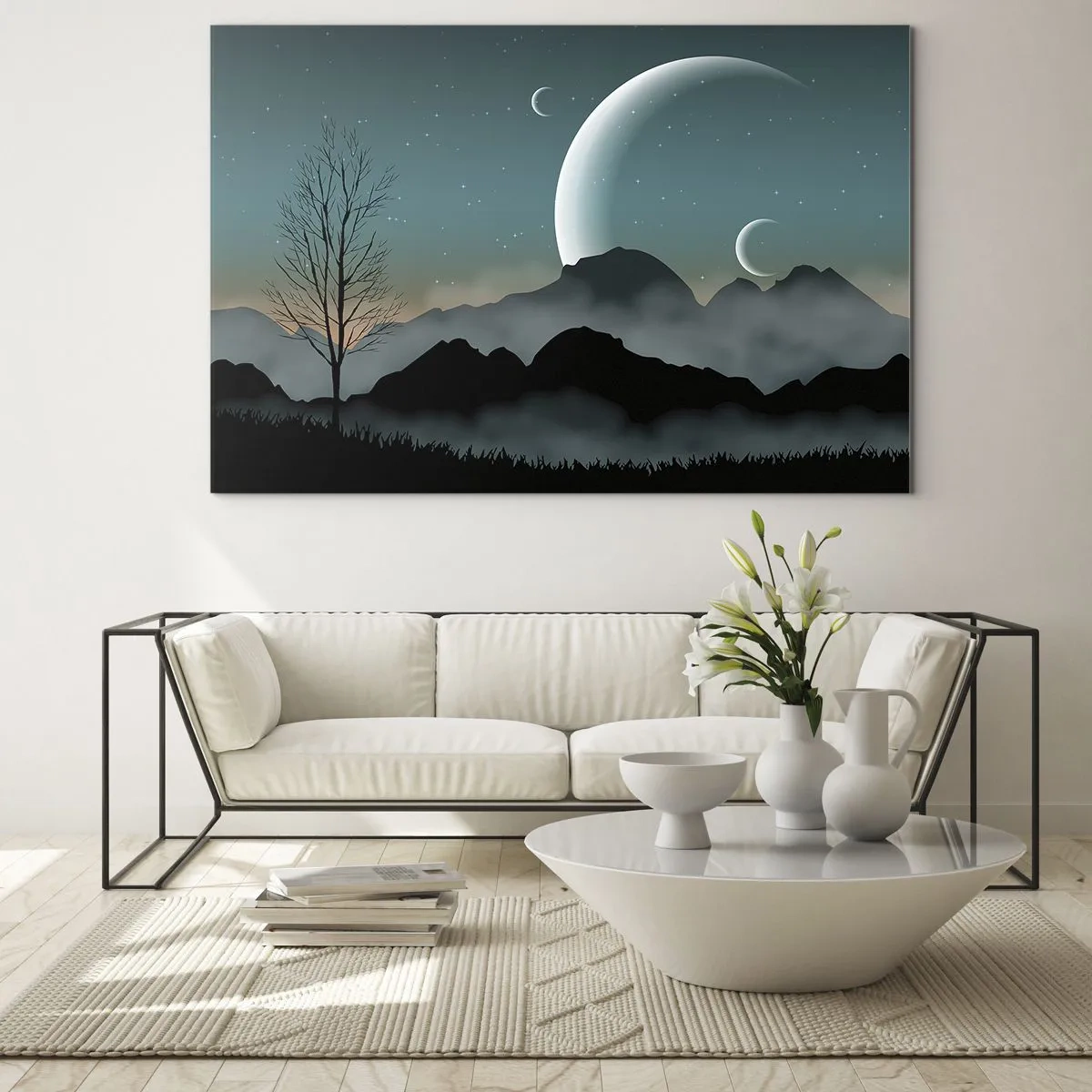 Obraz na szkle - Księżyce nad górami z samotnym drzewem i gwiazdami - 70x50cm - Karnawał gwiaździstej nocy - Nowoczesna dekoracja ścienna do salonu i sypialni ARTTOR
