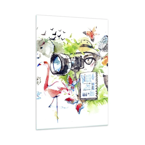 Obraz na szkle - Ilustracja przedstawiająca fotografa z aparatem i zwierzętami - 50x70cm - W obiektywie podróżnika - Nowoczesna dekoracja ścienna do salonu, kuchni i sypialni ARTTOR