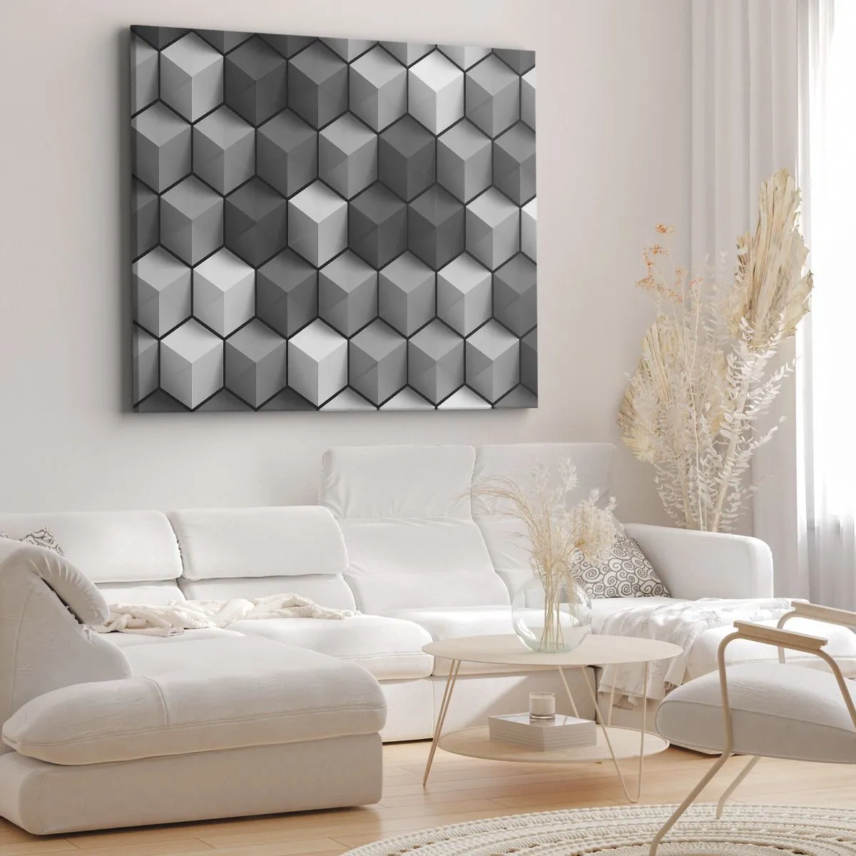 Obraz na płótnie - Geometryczna kompozycja kostek w odcieniach szarości i czerni - 100x70cm - Kubistyczna układanka - Nowoczesna dekoracja ścienna do salonu, kuchni i sypialni ARTTOR