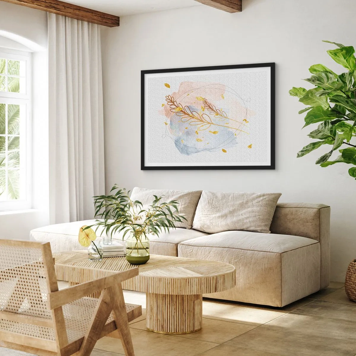 Plakat w czarnej ramie - Delikatny motyw liści w złotym kolorze na pastelowym tle z akwarelowymi detalami - 100x70cm - Złoty podmuch - Nowoczesna dekoracja ścienna do salonu i sypialni ARTTOR