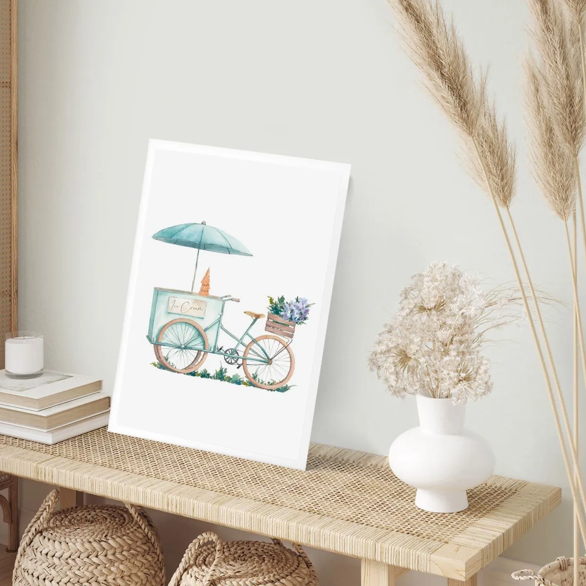Plakat - Akwarelowa ilustracja roweru z lodami i kwiatami - 50x70cm - Słodkie wspomnienie lata - Nowoczesna dekoracja ścienna do salonu, kuchni i sypialni ARTTOR
