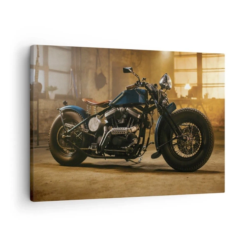 Obraz na płótnie - Stylowy motocykl w industrialnym wnętrzu z ciepłym oświetleniem - 70x50cm - Mogę wszystko - Nowoczesna dekoracja ścienna do salonu i sypialni ARTTOR