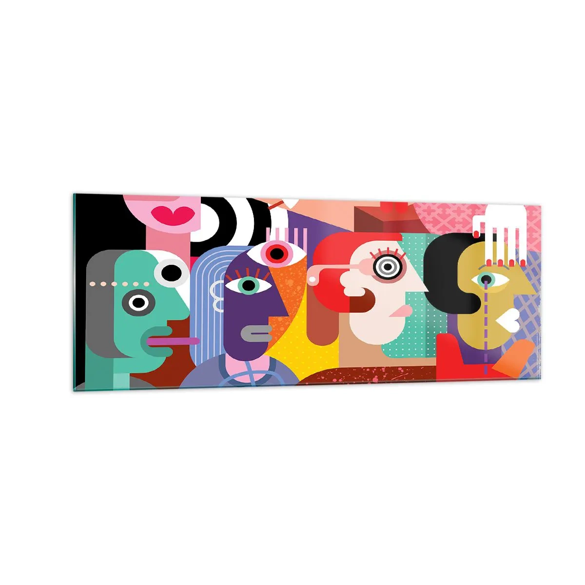 Obraz na szkle - Kolorowa abstrakcja z geometrycznymi twarzami - 140x50cm - My od pana Picassa - Nowoczesna dekoracja ścienna do salonu i sypialni ARTTOR