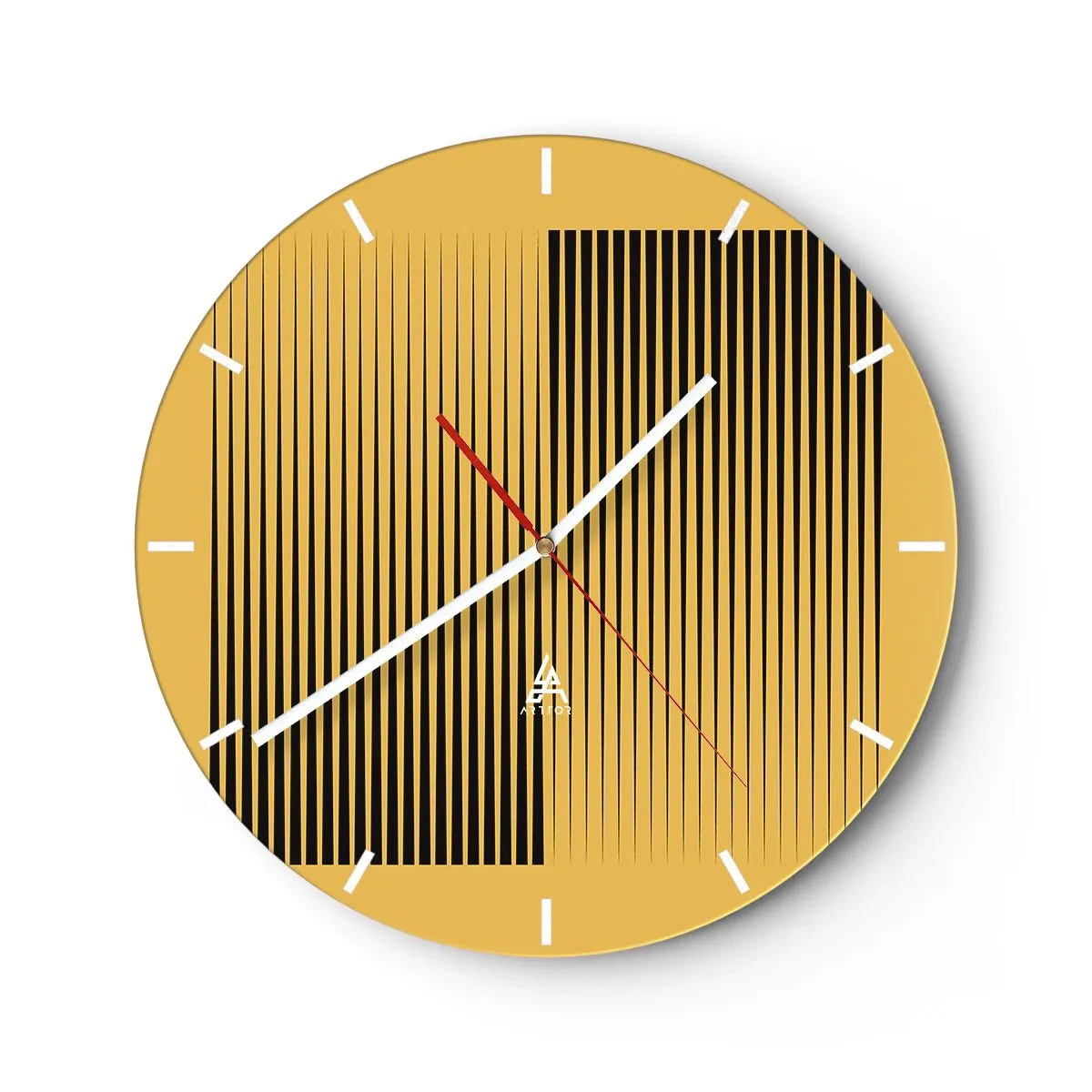 Zegar ścienny - Żółte tło z czarnymi pionowymi liniami tworzącymi geometryczny efekt - 30x30cm - Kwadratura przeciwieństw - Nowoczesna dekoracja ścienna do salonu, kuchni i sypialni ARTTOR