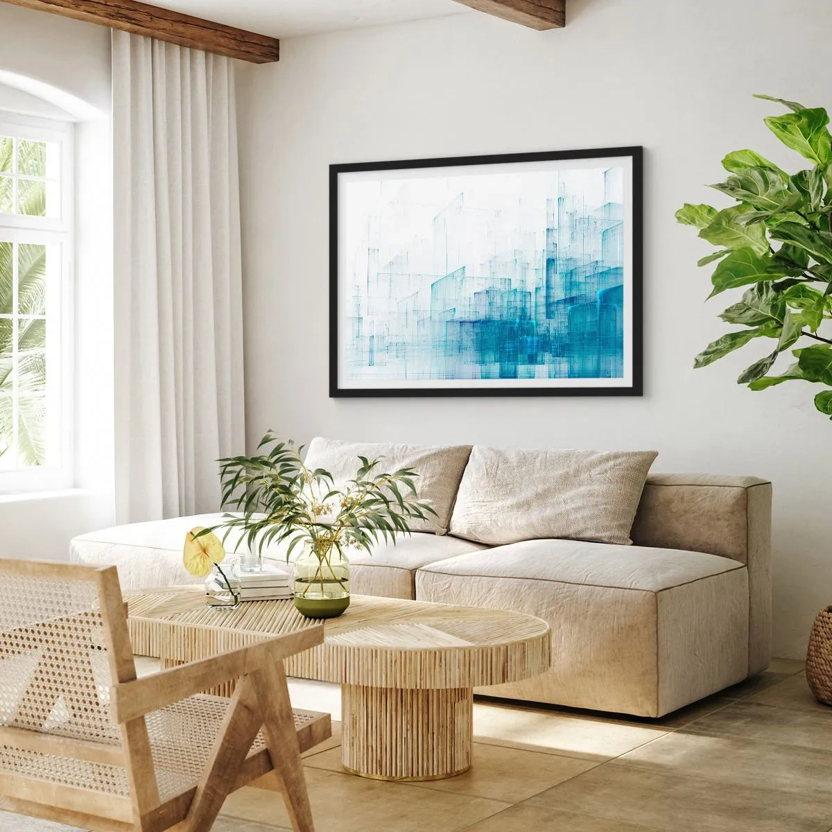 Plakat w czarnej ramie - Abstrakcyjne kształty geometryczne w odcieniach błękitu - 70x50cm - Jak stała się przestrzeń - Nowoczesna dekoracja ścienna do salonu i sypialni ARTTOR