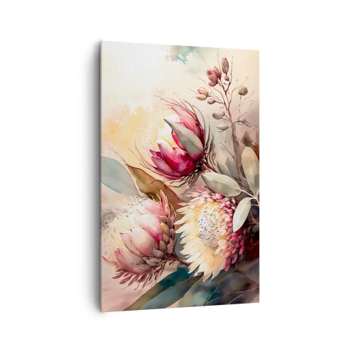 Obraz na płótnie - Kwiaty protei w delikatnych pastelowych odcieniach - 80x120cm - Z profilu i en face - Nowoczesna dekoracja ścienna do salonu i sypialni ARTTOR