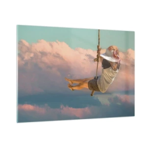 Obraz na szkle - Dziewczyna na huśtawce wśród różowych chmur - 100x70cm - Zabawa w obłokach - Nowoczesna dekoracja ścienna do salonu, kuchni i sypialni ARTTOR
