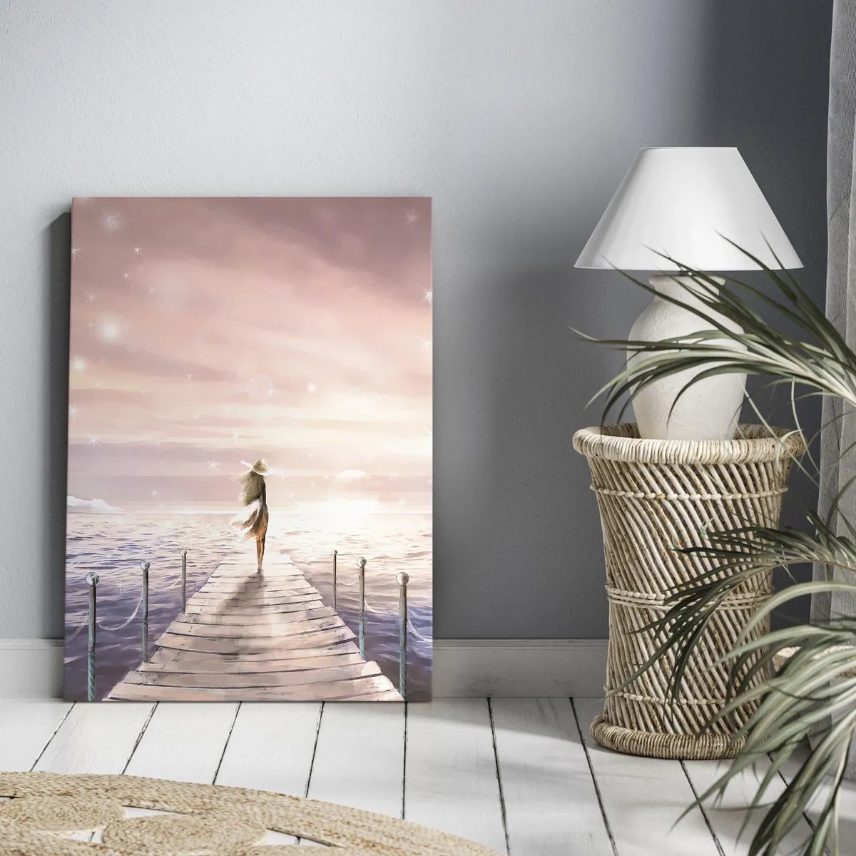 Obraz na płótnie - Kobieta w kapeluszu stojąca na pomoście skierowanym w stronę zachodzącego słońca - 50x70cm - W świetle marzenia - Nowoczesna dekoracja ścienna do salonu, kuchni i sypialni ARTTOR