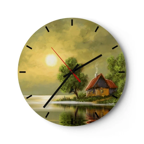 Zegar ścienny - Uroczy domek nad jeziorem w otoczeniu zieleni o zachodzie słońca - 30x30cm - Pięknie, jak z obrazka - Nowoczesna dekoracja ścienna do salonu, kuchni i sypialni ARTTOR