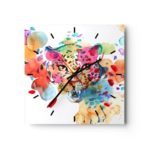 Zegar ścienny - Abstrakcyjny portret lamparta w intensywnych kolorach - 30x30cm - Piękna i bestia - Nowoczesna dekoracja ścienna do salonu i sypialni ARTTOR