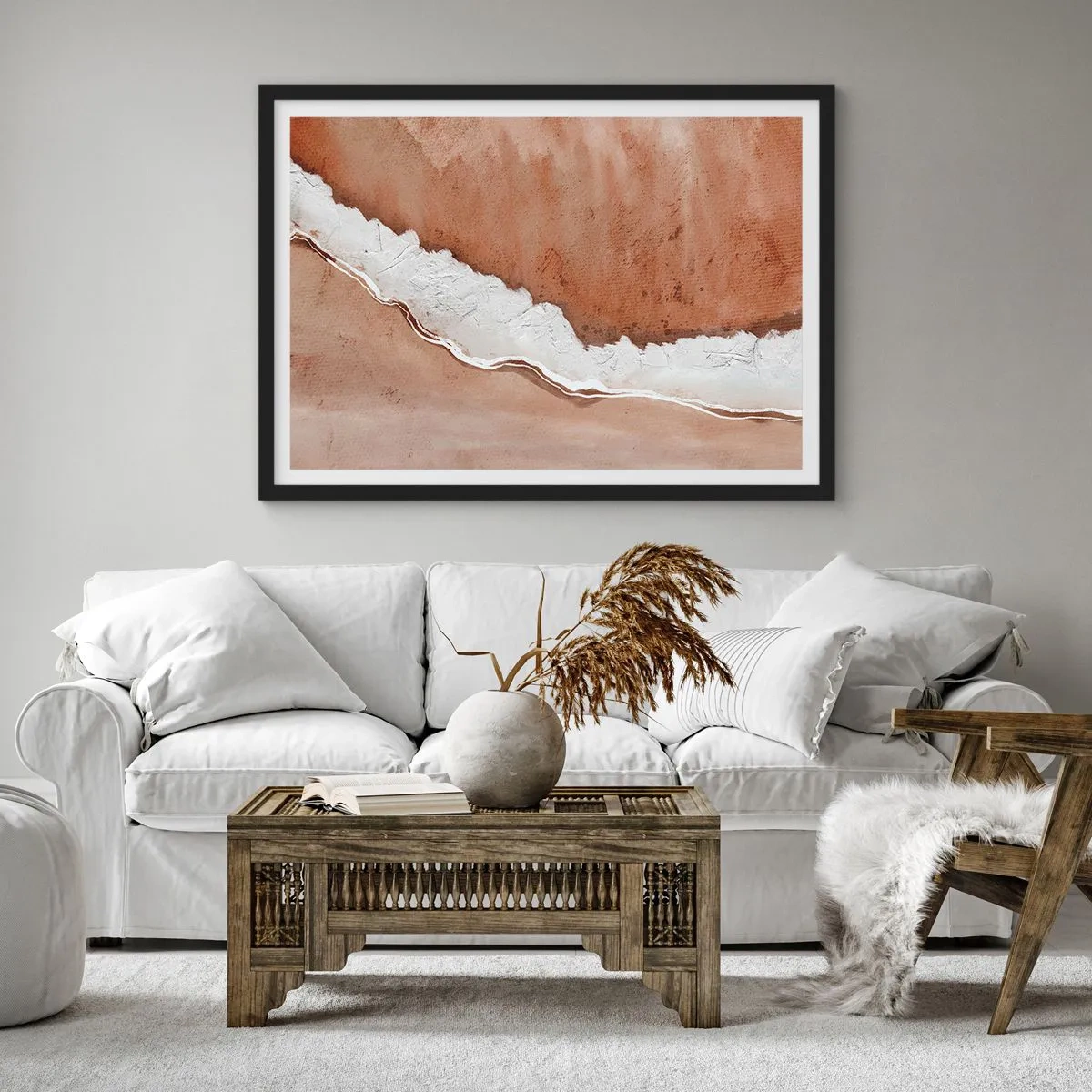 Plakat w czarnej ramie - Tekstura piasku z białymi akcentami - 70x50cm - W kolorach ziemi - Nowoczesna dekoracja ścienna do salonu i sypialni ARTTOR