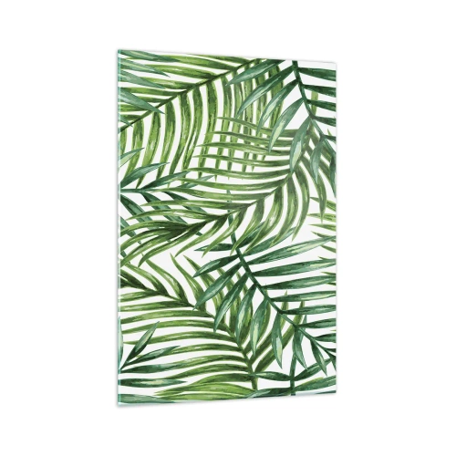 Obraz na szkle - Zielone liście tropikalnych palm na jasnym tle - 70x100cm - Pod zielonym baldachimem - Nowoczesna dekoracja ścienna do salonu i sypialni ARTTOR