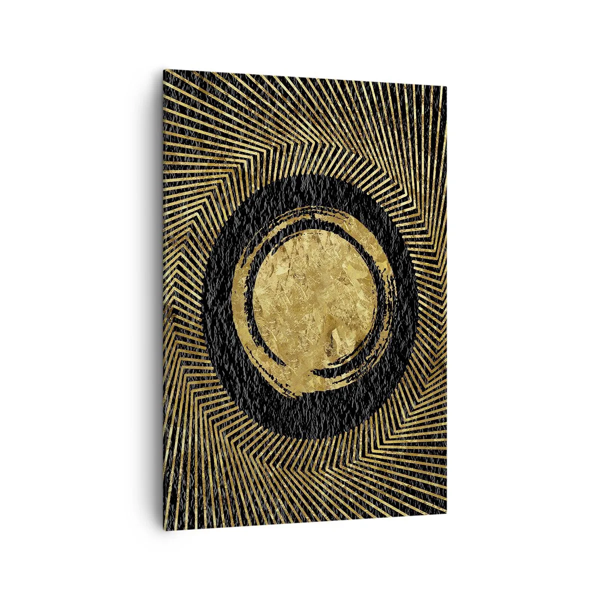 Obraz na płótnie - Geometryczna kompozycja w czerni i złocie z promieniami - 70x100cm - Kompozycja glamour - Nowoczesna dekoracja ścienna do salonu i sypialni ARTTOR