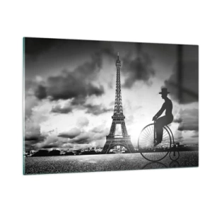 Obraz na szkle - Wieża Eiffla z rowerem retro w czerni i bieli - 120x80cm - Tęsknota do Belle Epoque - Nowoczesna dekoracja ścienna do salonu, kuchni i sypialni ARTTOR