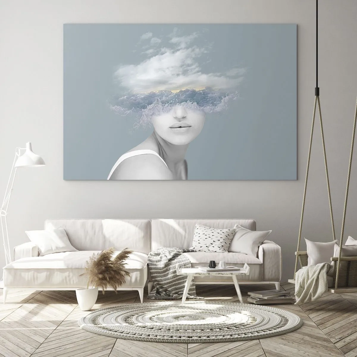 Obraz na szkle - Twarz kobiety połączona z niebem i chmurami w surrealistycznej wizji - 70x50cm - Z głową w chmurach - Nowoczesna dekoracja ścienna do salonu i sypialni ARTTOR