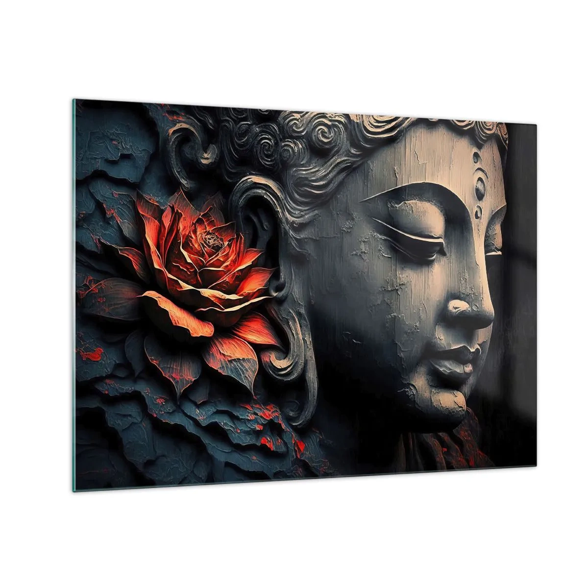 Obraz na szkle - Profil medytującej postaci z czerwonym kwiatem na ciemnym tle - 70x50cm - W zgodzie ze światem - Nowoczesna dekoracja ścienna do salonu i sypialni ARTTOR