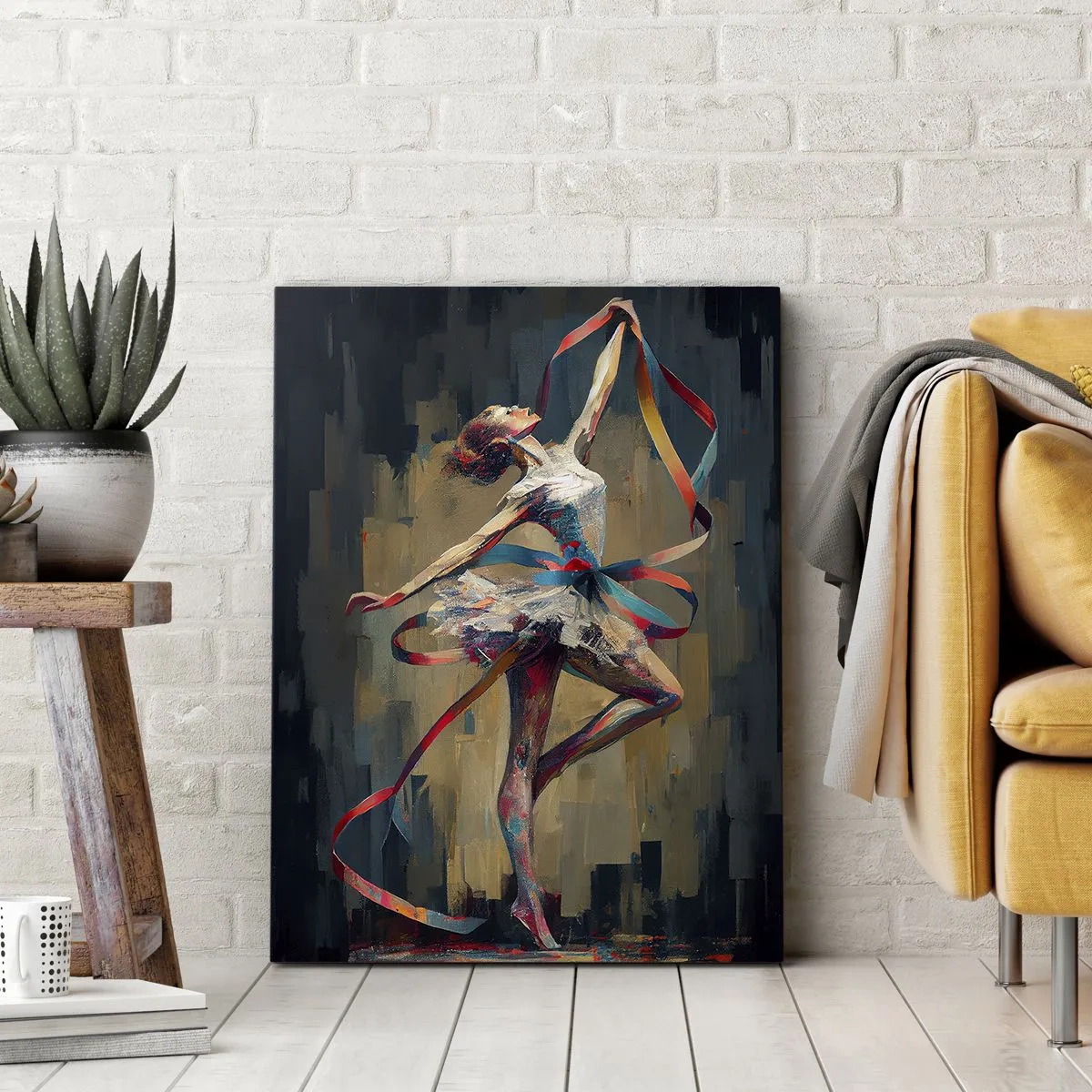 Obraz na płótnie - Ekspresyjna baletnica tańcząca ze wstęgą w dynamicznej kompozycji - 50x70cm - Taniec ze wstęgą - Nowoczesna dekoracja ścienna do salonu, kuchni i sypialni ARTTOR