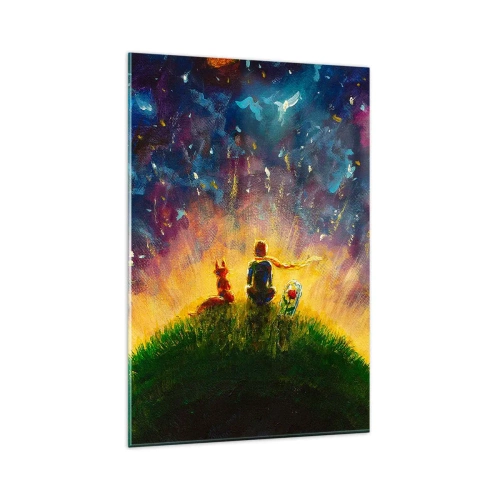Obraz na szkle - Postacie na zielonym wzgórzu otoczone gwiaździstym niebem - 80x120cm - Miłość i przyjaźń - cały świat - Nowoczesna dekoracja ścienna do salonu i sypialni ARTTOR
