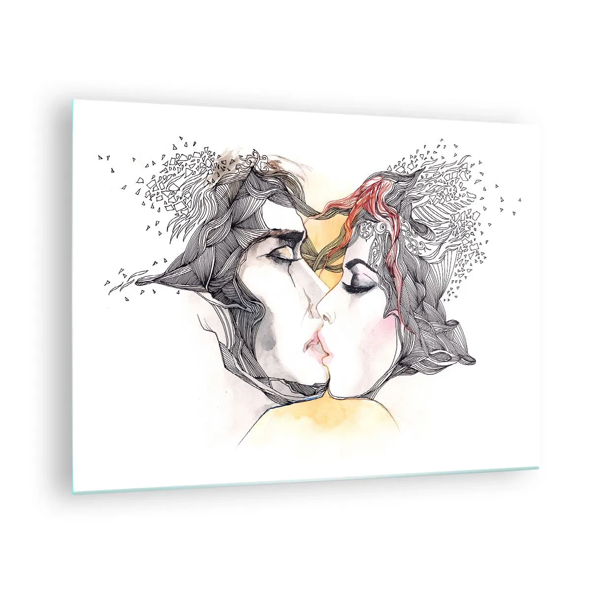 Obraz na szkle - Abstrakcyjny pocałunek pary z artystycznymi wzorami - 70x50cm - Świat nie istnieje - Nowoczesna dekoracja ścienna do salonu i sypialni ARTTOR