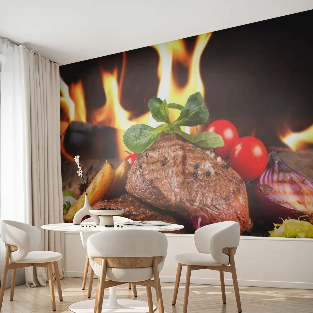 Fototapeta Premium Canvas - Wyczarowane żarem - Gastronomia, Stek, Płomienie Ognia - 400x280 cm