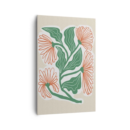 Obraz na płótnie - Rysunek kwiatów w stylu minimalistycznym z zielonymi liśćmi - 80x120cm - Ludowe i nowoczesne - Nowoczesna dekoracja ścienna do salonu i sypialni ARTTOR
